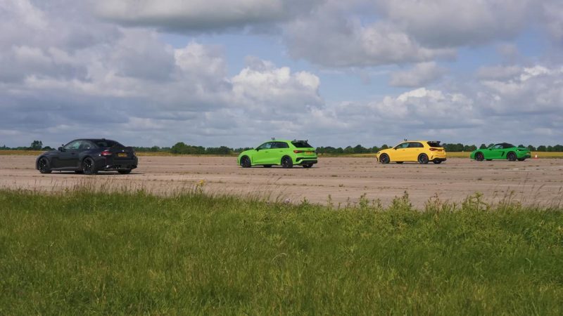 BMW M2 vs Audi RS 3 vs Mercedes-AMG A 45 S vs Porsche 718 Boxster GTS drag race